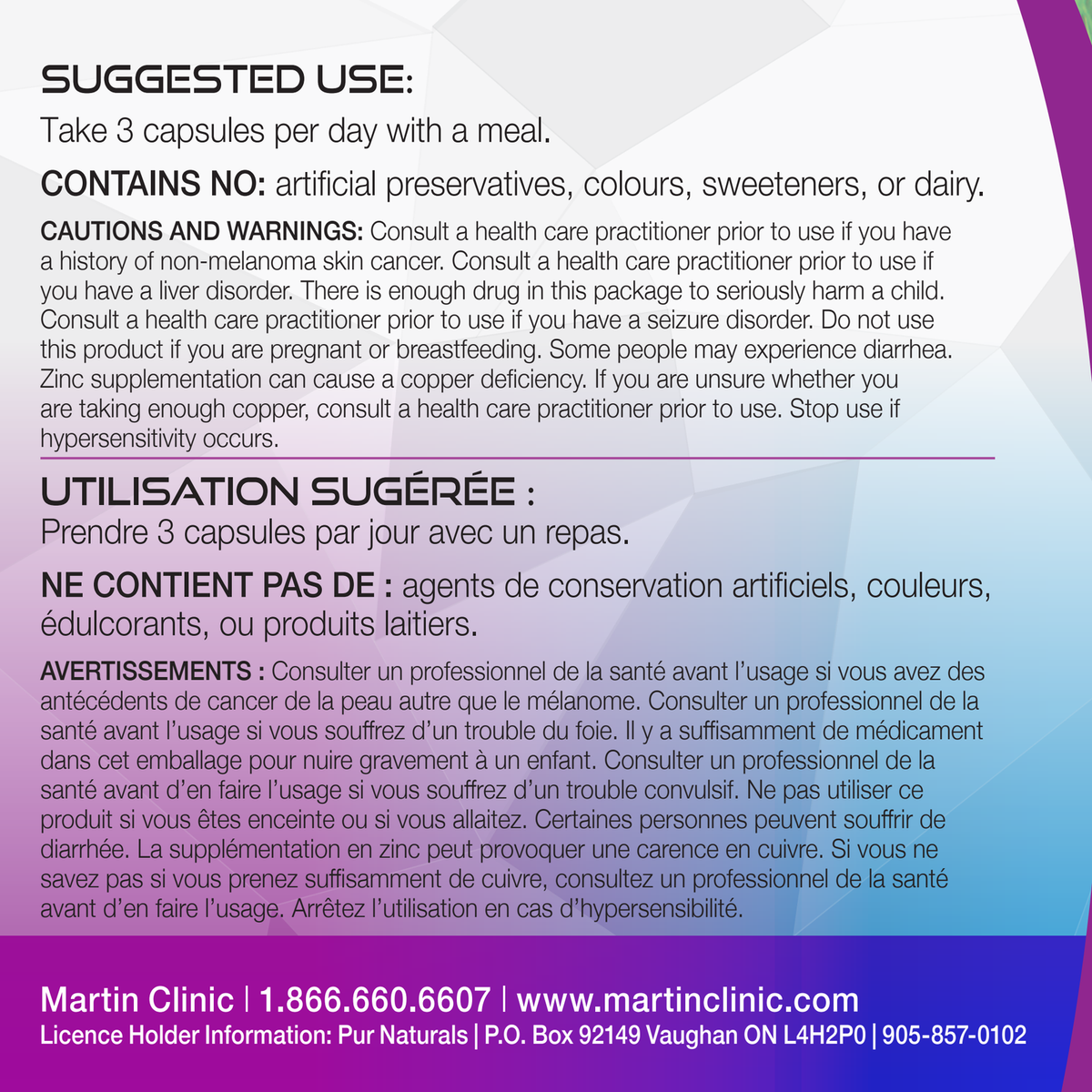 Thyroid Support label: suggested use, take 3 capsules per day with a meal, cautions and warnings, in English and French